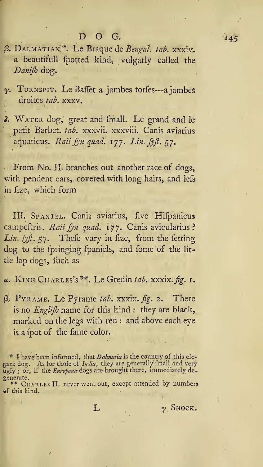 Страница 145 от "Synopsis of Quadrupeds" на Томас Пенант, 1771 г., със записа за далматина най-горе и бележката под линия най-долу